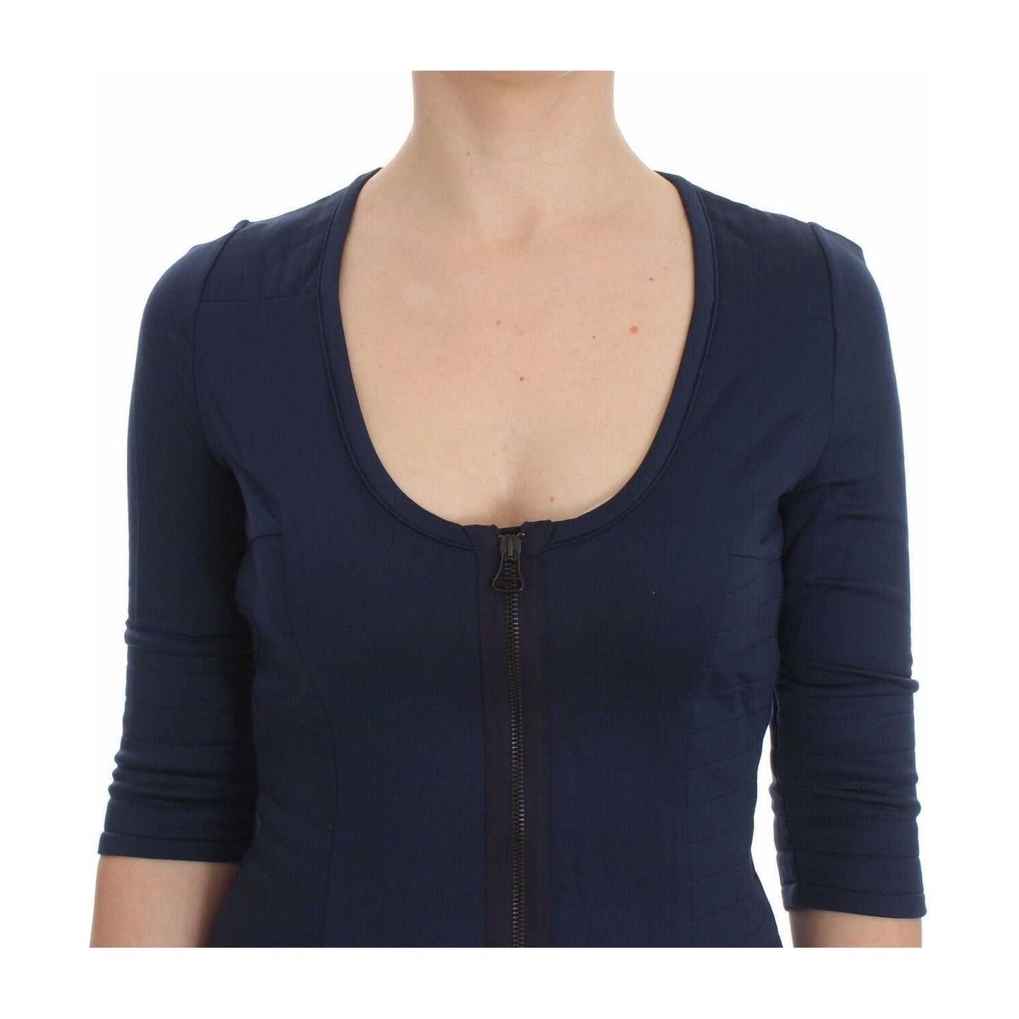 Exte Blue Cotton Top Zipper Deep Crew-neck Sweater