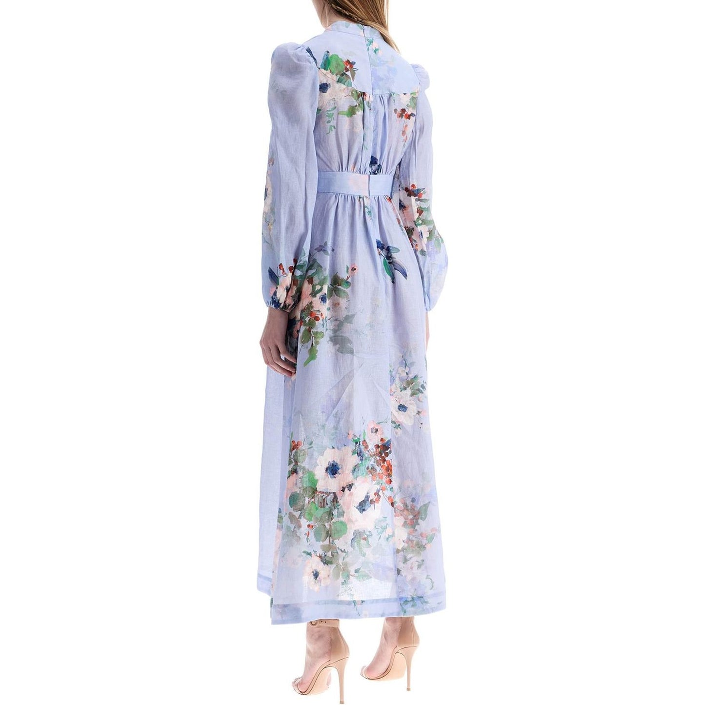 Zimmermann light blue watercolor floral midi dress with deep v neckline