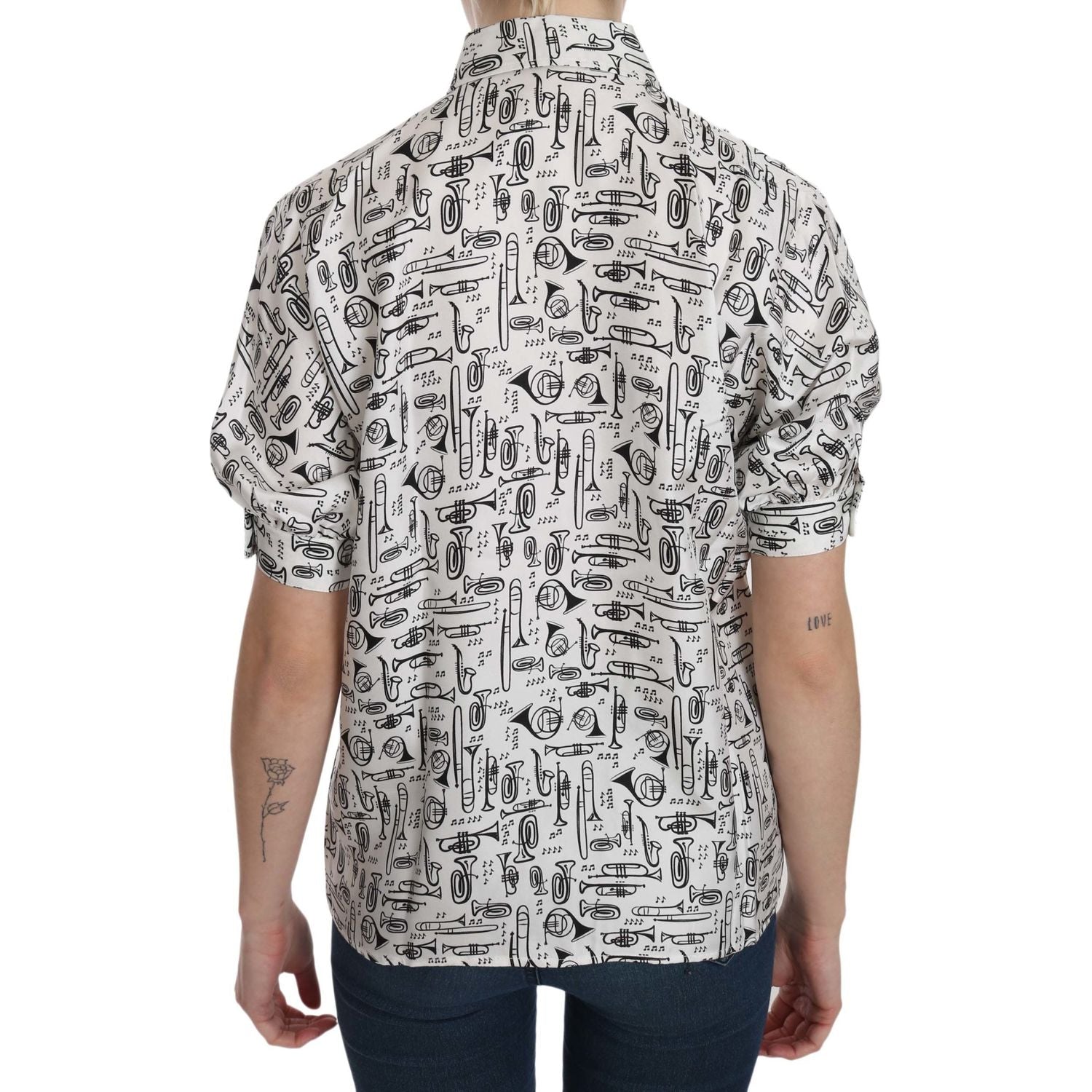 Dolce & Gabbana White Musical Instrument Collared Blouse  Shirt