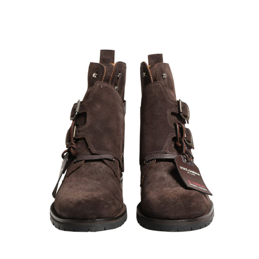 Dolce & Gabbana Brown Suede Leather Buckle Ankle Boots Shoes