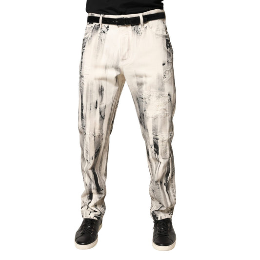 Dolce & Gabbana White Distressed Paint Print LooseDenim Jeans