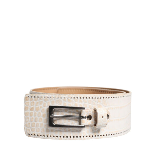 Scervino Street White Textured Leather Wide SilverMetal Buckle Belt