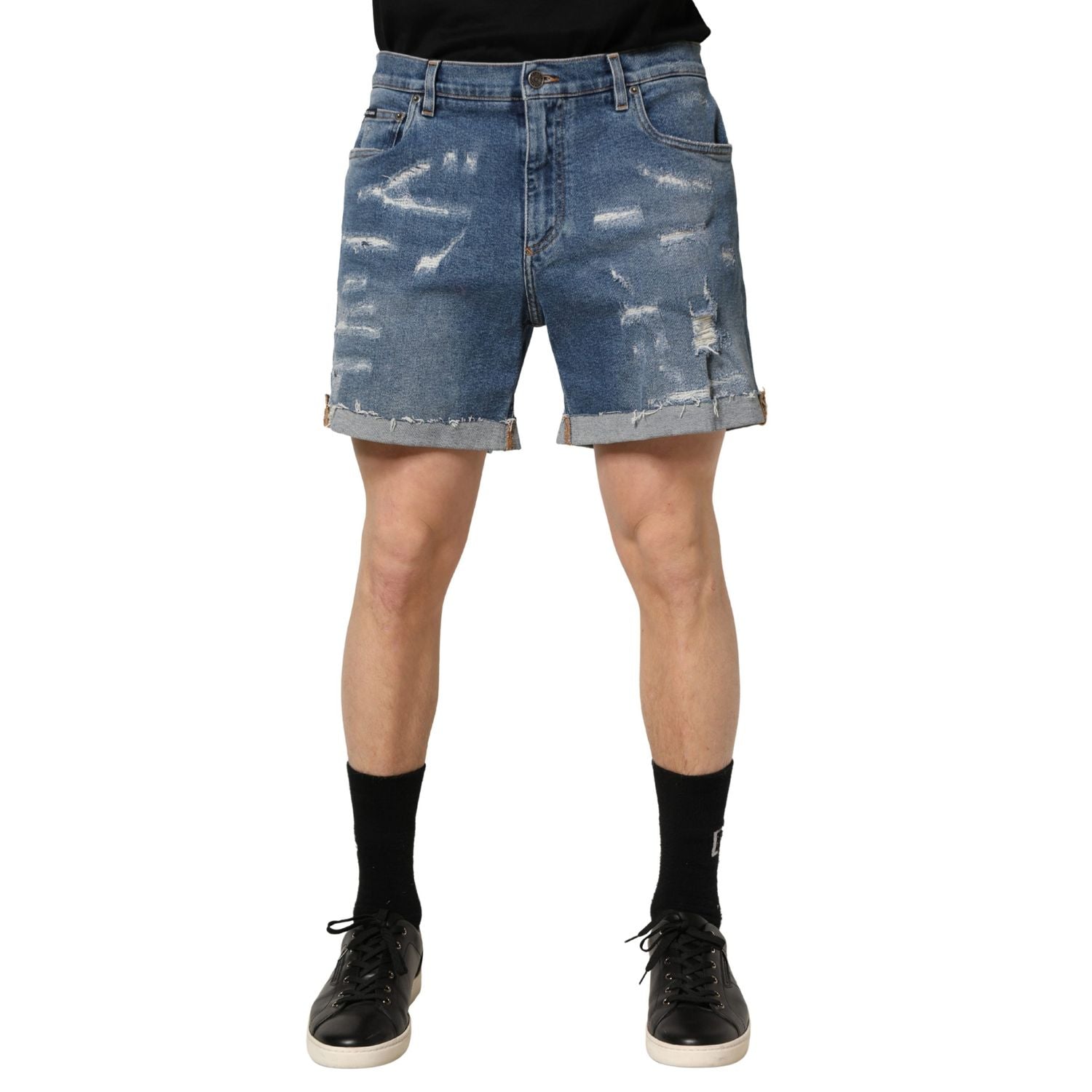Dolce & Gabbana Blue Cotton Distressed Denim Bermuda Shorts