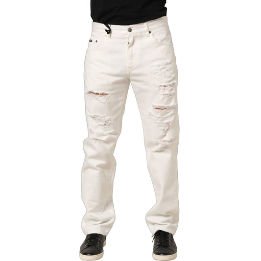 Dolce & Gabbana White Cotton Distressed Straight Denim Jeans