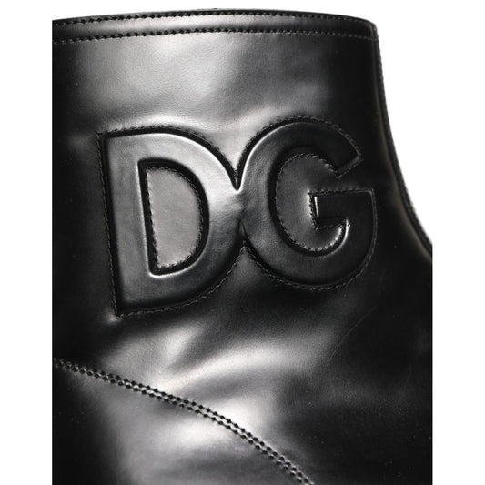 Dolce & Gabbana Black Leather Embossed Logo Ankle Boots Shoes