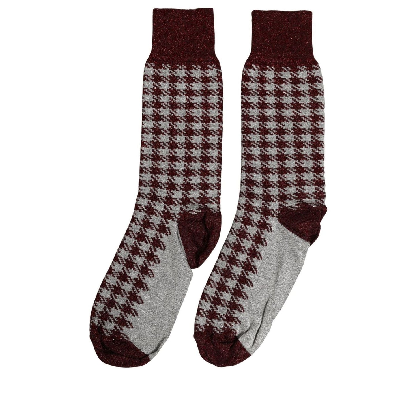 Dolce & Gabbana Maroon Gray Houndstooth Mid Calf Accessory Socks