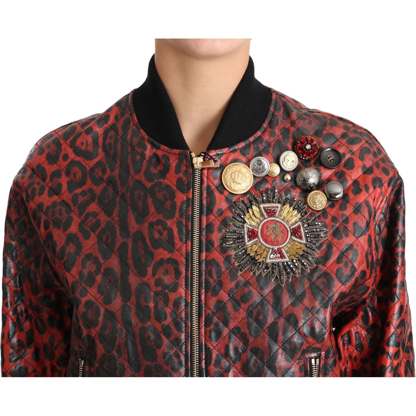 Dolce & Gabbana Red Leopard Button Crystal Leather Jacket