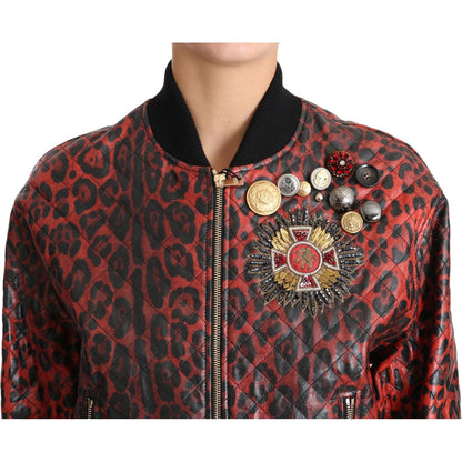 Dolce & Gabbana Red Leopard Button Crystal Leather Jacket