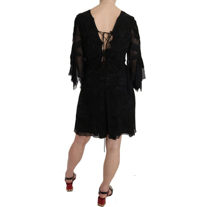 John Richmond Black Sequined Silk Mini Shift Gown