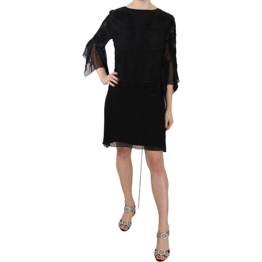 John Richmond Elegant Black Sequined Silk Mini Dress John Richmond