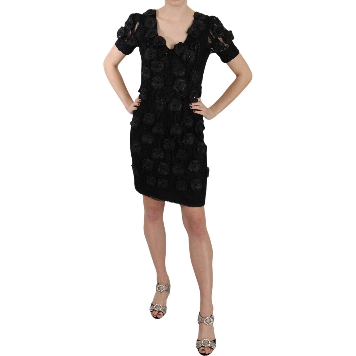 John Richmond Black Silk Leather Flowers Sheath Dress