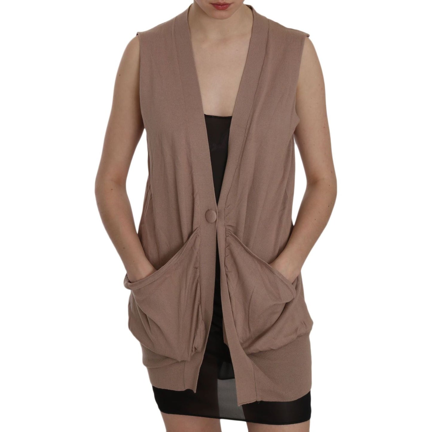 PINK MEMORIES Chic Sleeveless Cotton Cardigan Vest - Elegant Brown PINK MEMORIES