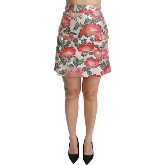 Dolce & Gabbana White Green Red Floral High Waist Mini Skirt
