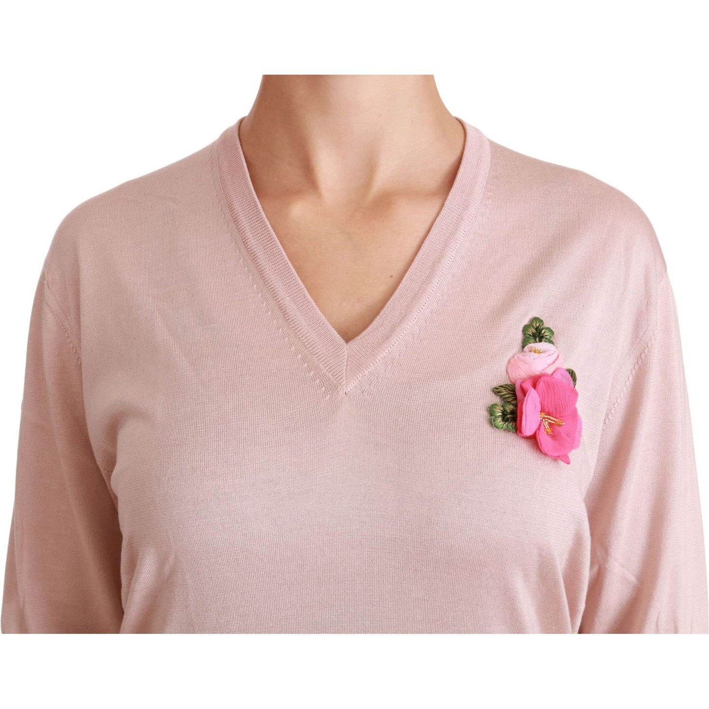 Dolce & Gabbana Pink Floral Silk V-Neck Sweater Dolce & Gabbana