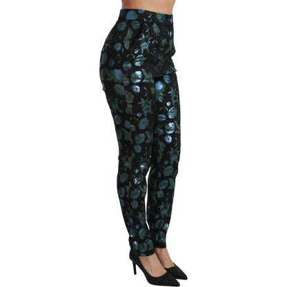 Dolce & Gabbana Blue Green Floral Metallic Slim Pants