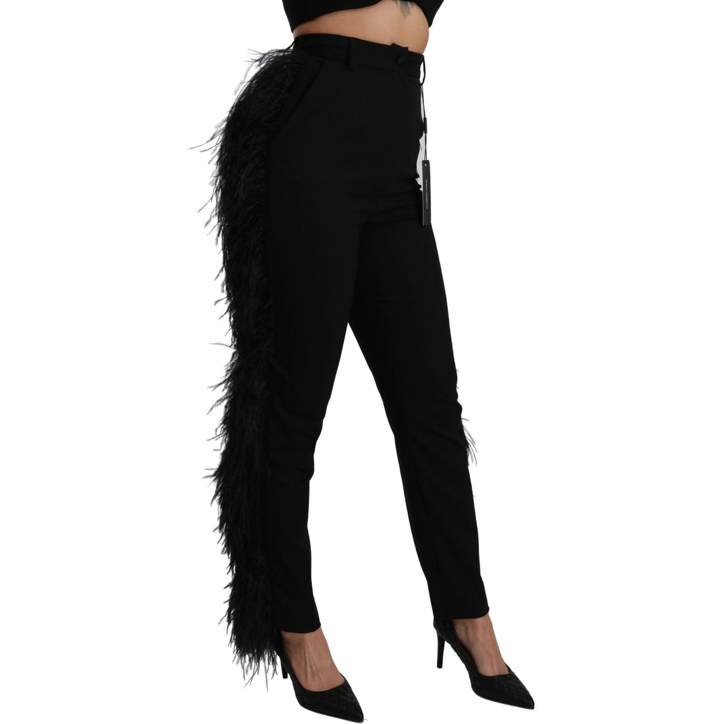 Dolce & Gabbana Black Feather Straight High Waist Wool Pants
