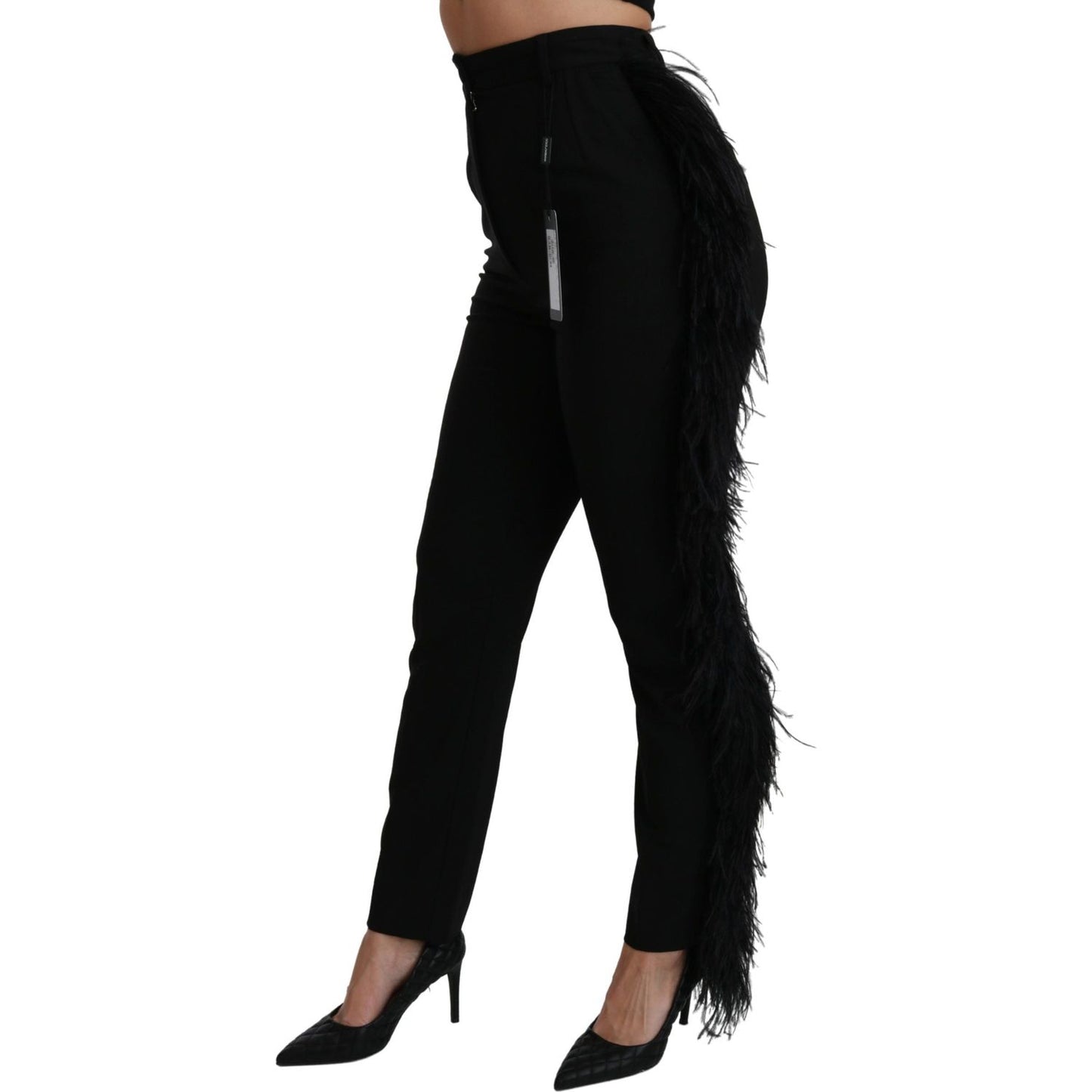 Dolce & Gabbana Black Feather Straight High Waist Wool Pants