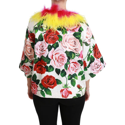 Dolce & Gabbana White Floral Coat Capte Fur Roses Jacket
