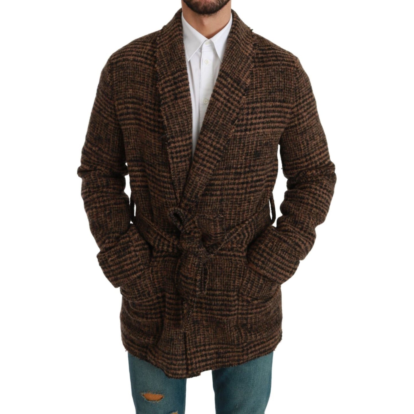 Dolce & Gabbana Brown Checkered Wool Robe Coat Wrap Jacket