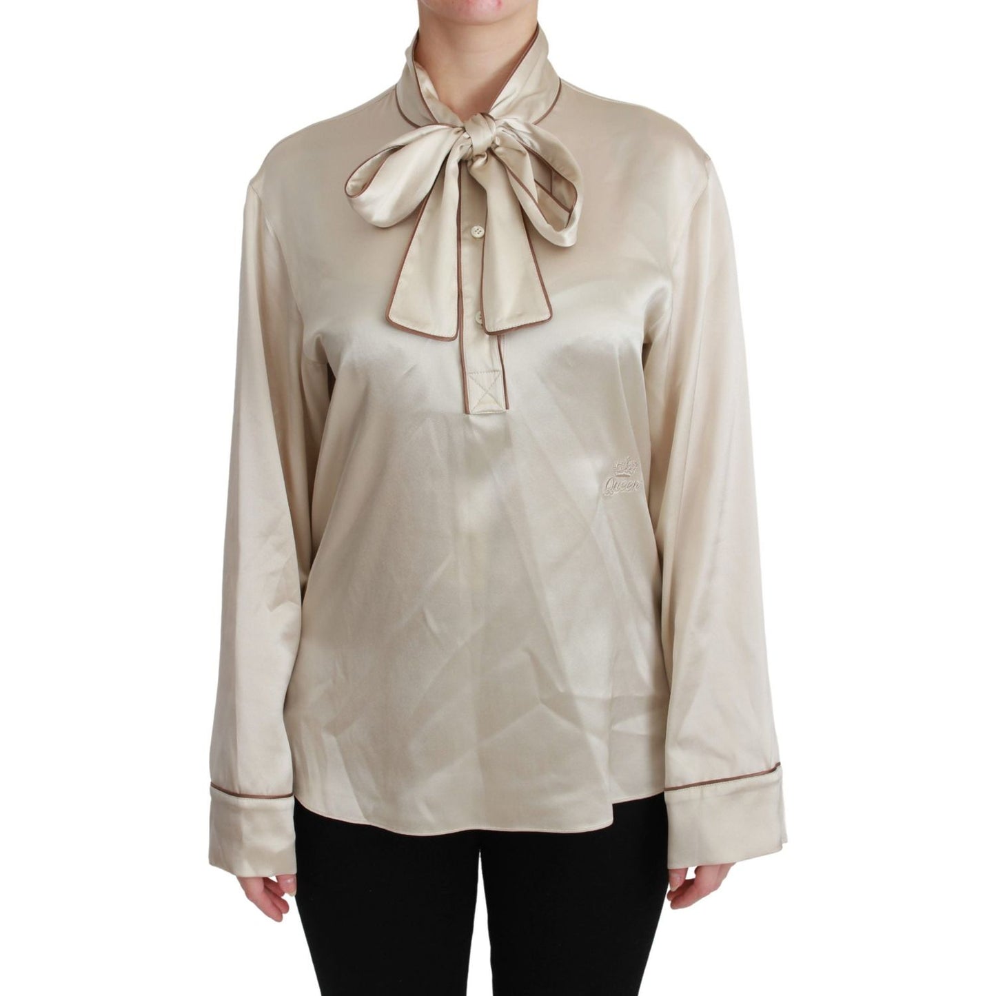 Dolce & Gabbana Elegant Beige Silk Satin Blouse with QUEEN Embroidery Dolce & Gabbana