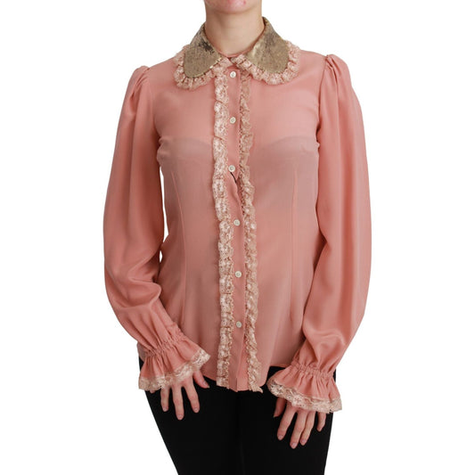 Dolce & Gabbana Elegant Pink Lace Silk Blouse with Gold Sequins