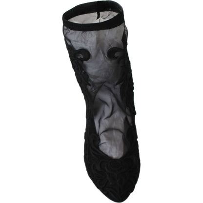 Dolce & Gabbana Black Roses Stilettos Booties Socks Shoes