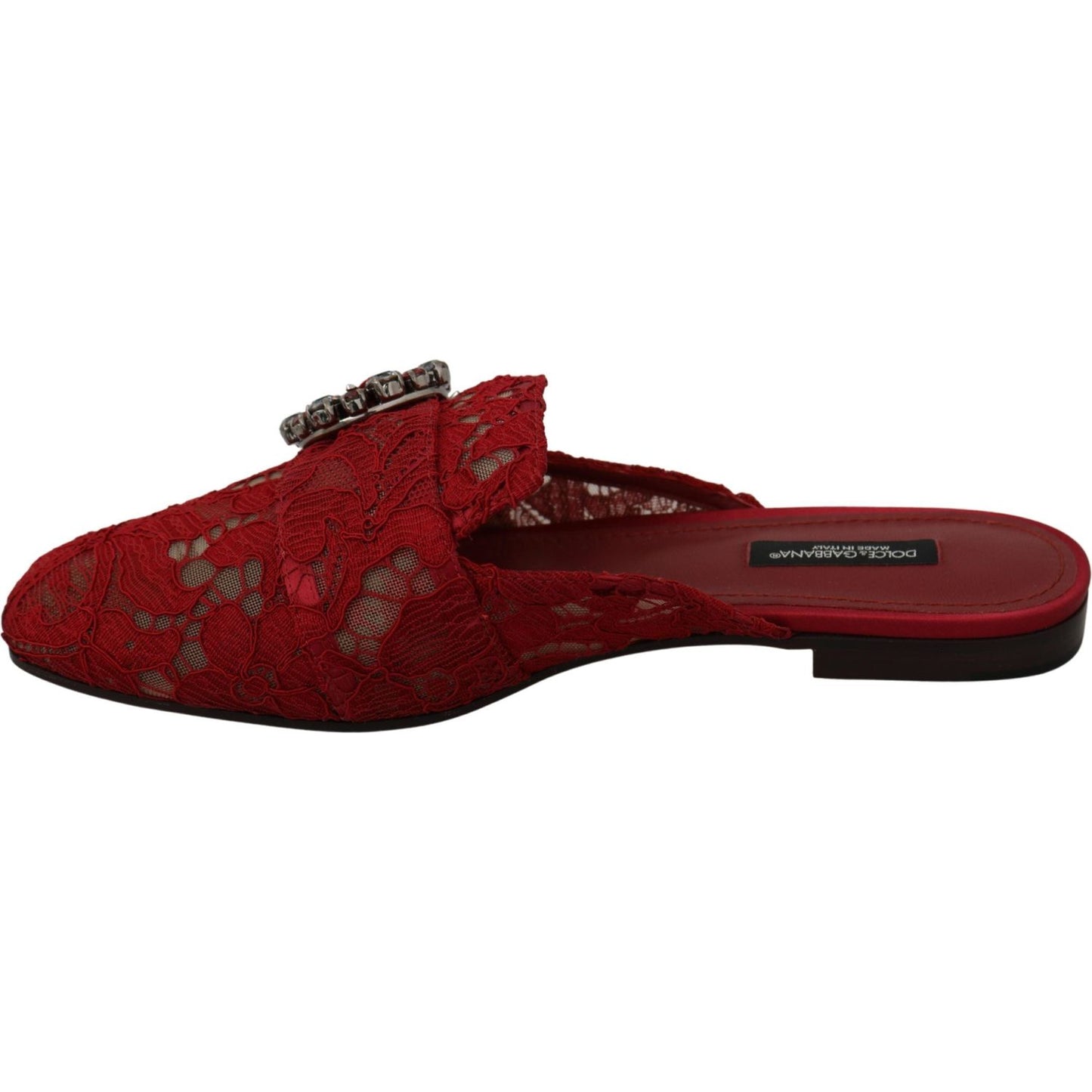 Dolce & Gabbana Red Lace Crystal Slide On Flats Shoes