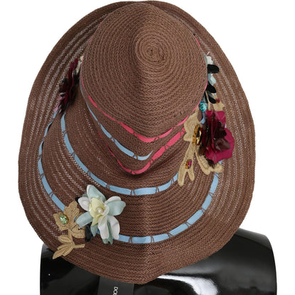 Dolce & Gabbana Brown Floral Wide Brim Straw Floppy Cap Hat