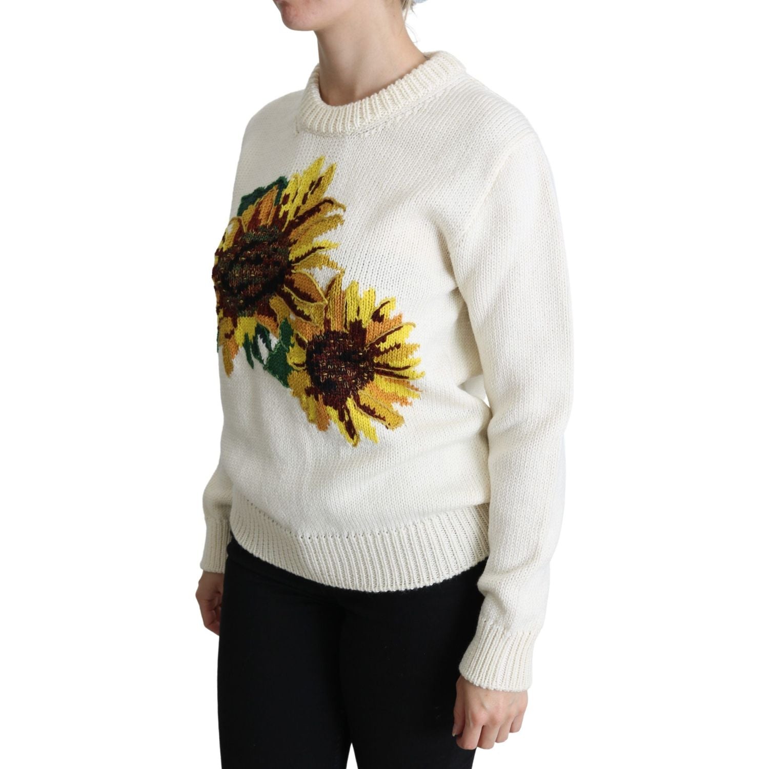 Dolce & Gabbana White Floral Wool Pullover Sunflower Sweater