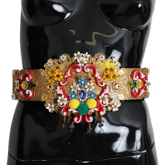 Dolce & Gabbana Embellished Floral Crystal Wide Waist Golden Belt