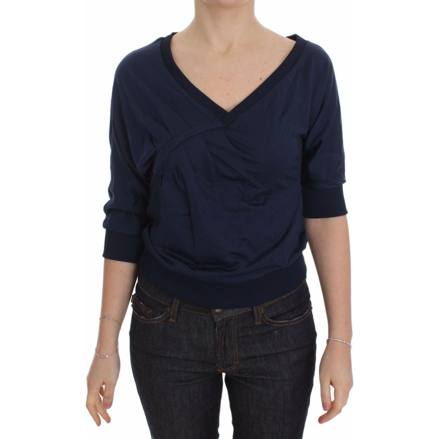 Exte Blue Cotton Top Pullover Deep V-neck Women Sweater