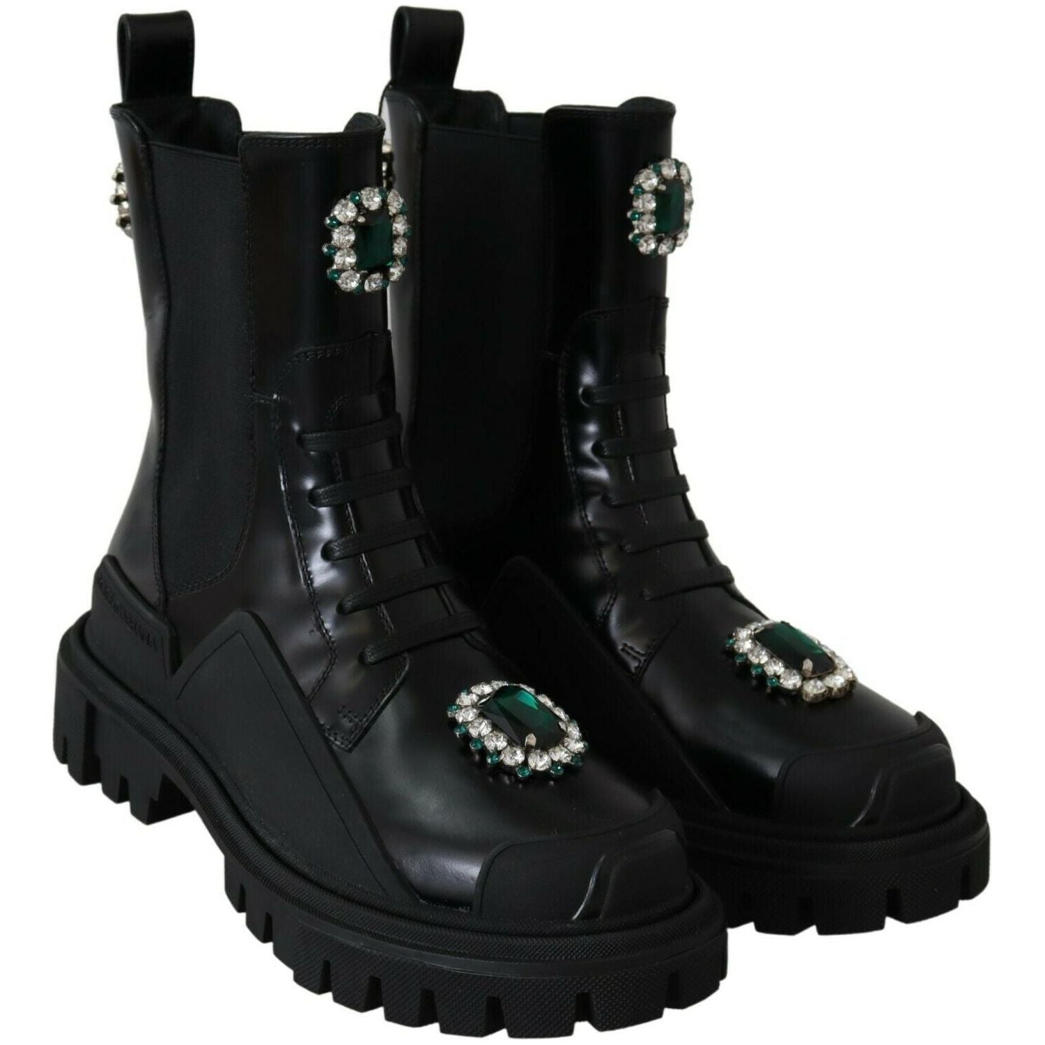 Dolce & Gabbana Black Leather Crystal Combat Boots