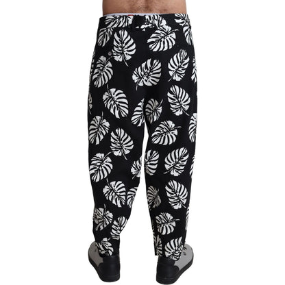 Dolce & Gabbana Black Leaf Cotton Stretch Trouser Pants Pants