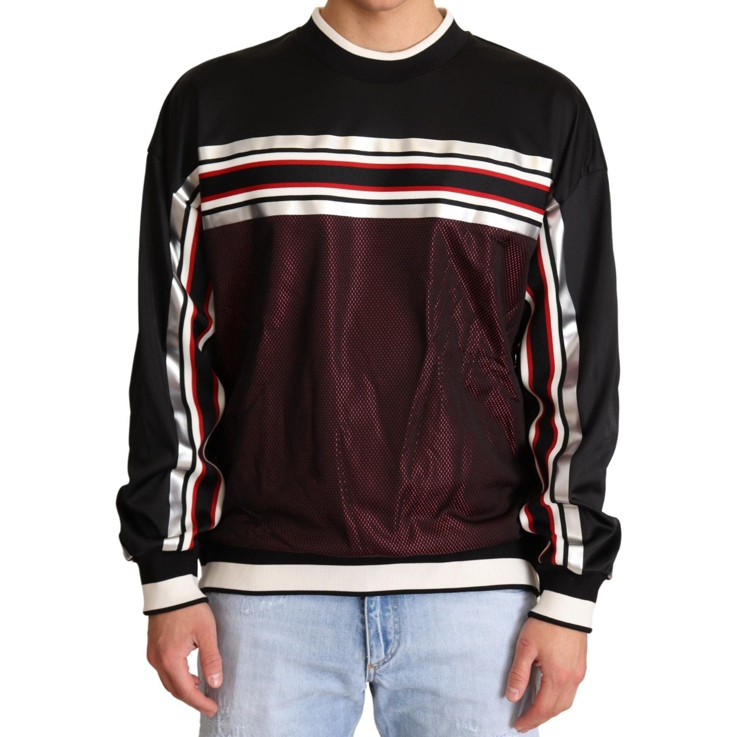 Dolce & Gabbana Black Red Mesh Sport Pullover Crewneck Sweater