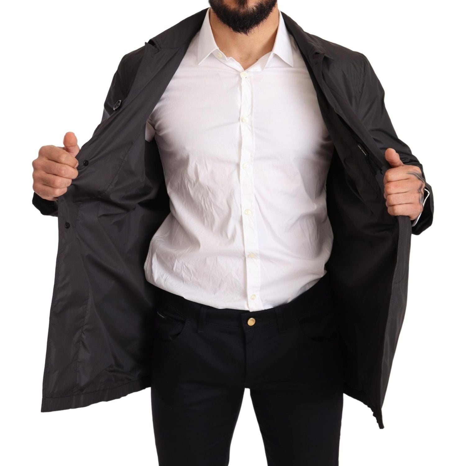 Dolce & Gabbana Black Polyester Mens Trench Coat Jacket