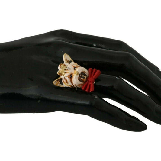 Dolce & Gabbana Beige Dog Pet Branded Accessory Gold Brass Resin Ring Dolce & Gabbana
