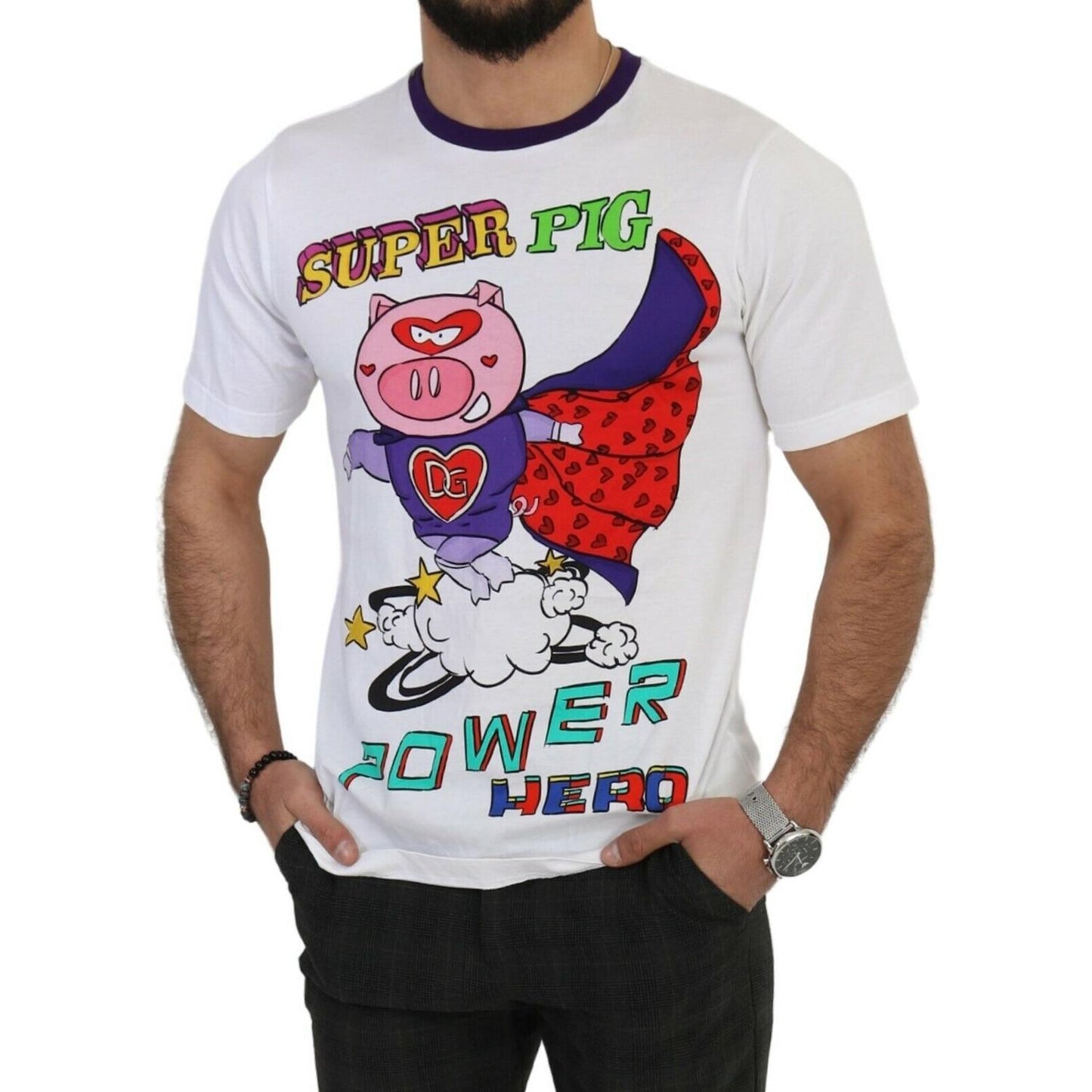 Dolce & Gabbana Chic White Cotton Pig Motif Tee MAN T-SHIRTS Dolce & Gabbana