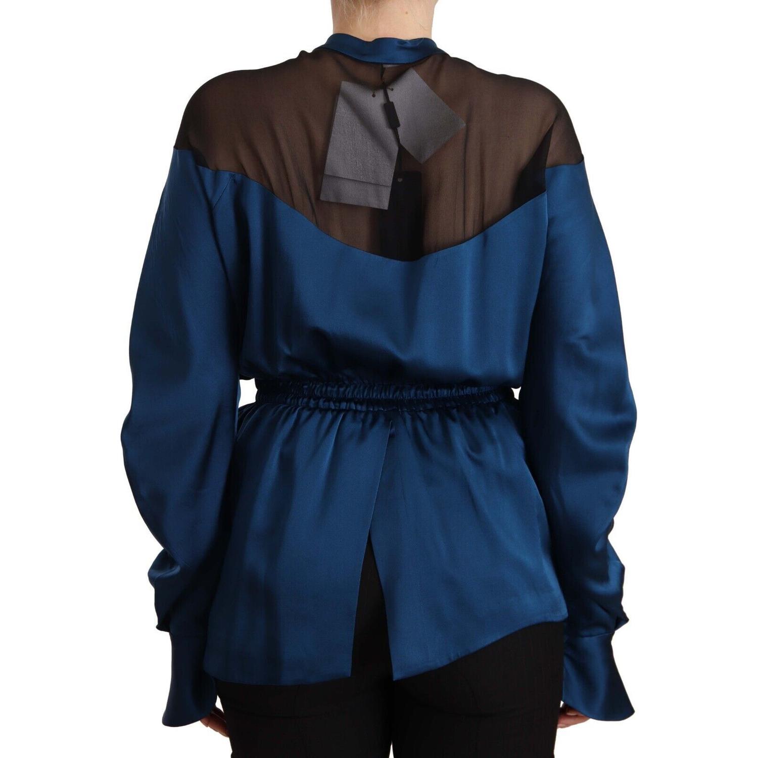 Masha Ma Blue Silk Long Sleeves Elastic Waist Top Blouse
