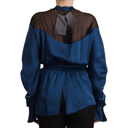 Masha Ma Blue Silk Long Sleeves Elastic Waist Top Blouse