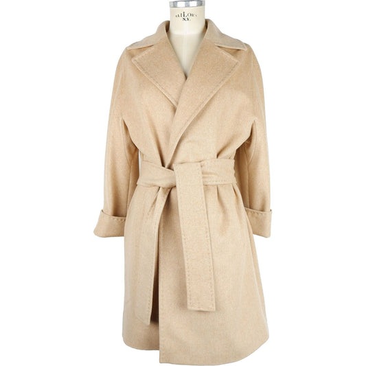 Made in Italy Elegant Beige Wool Coat with Waist Belt Made in Italy