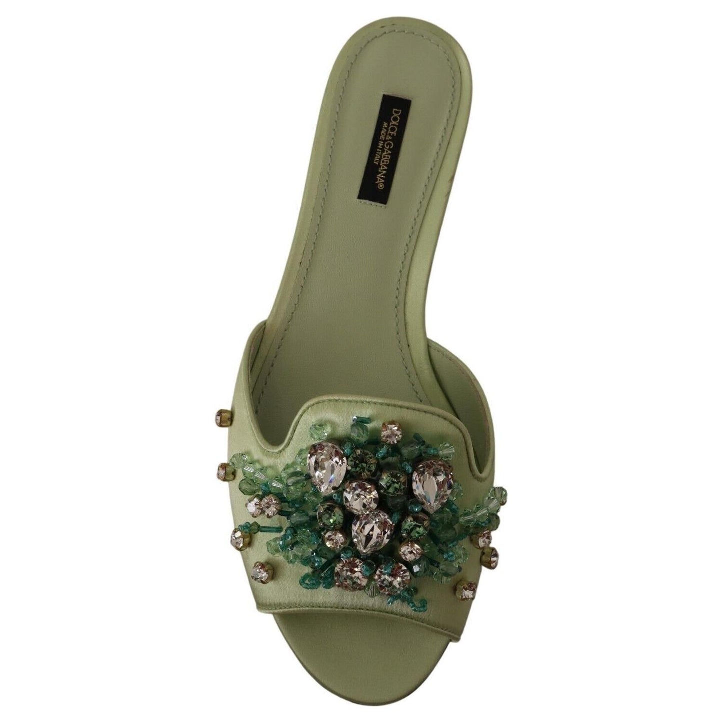 Dolce & Gabbana Elegant Crystal-Embellished Green Leather Slides Dolce & Gabbana