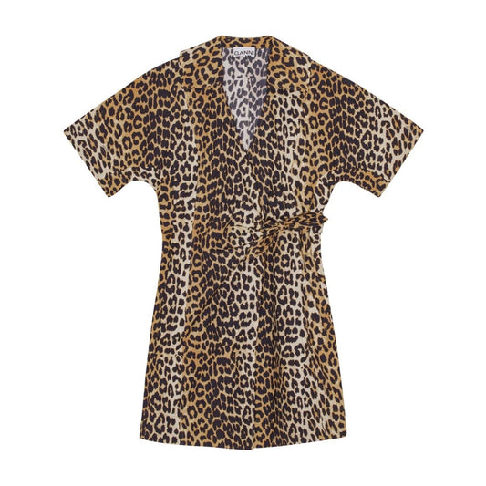 Ganni leopard print cotton wrap mini dress