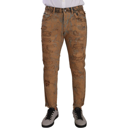Dolce & Gabbana Brown Distressed Cotton Regular Denim Jeans
