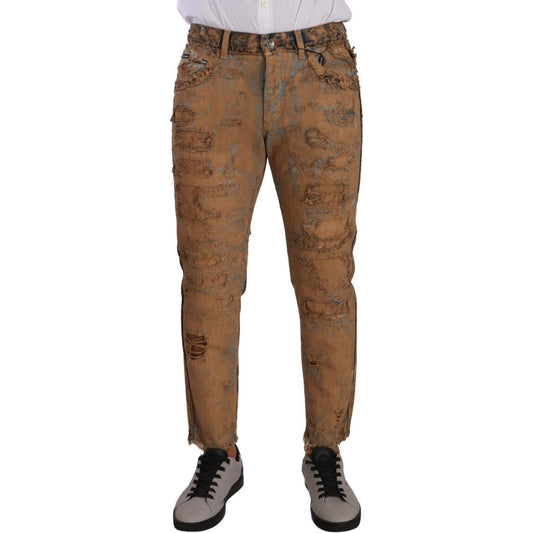 Dolce & Gabbana Brown Distressed Cotton Regular Denim Jeans