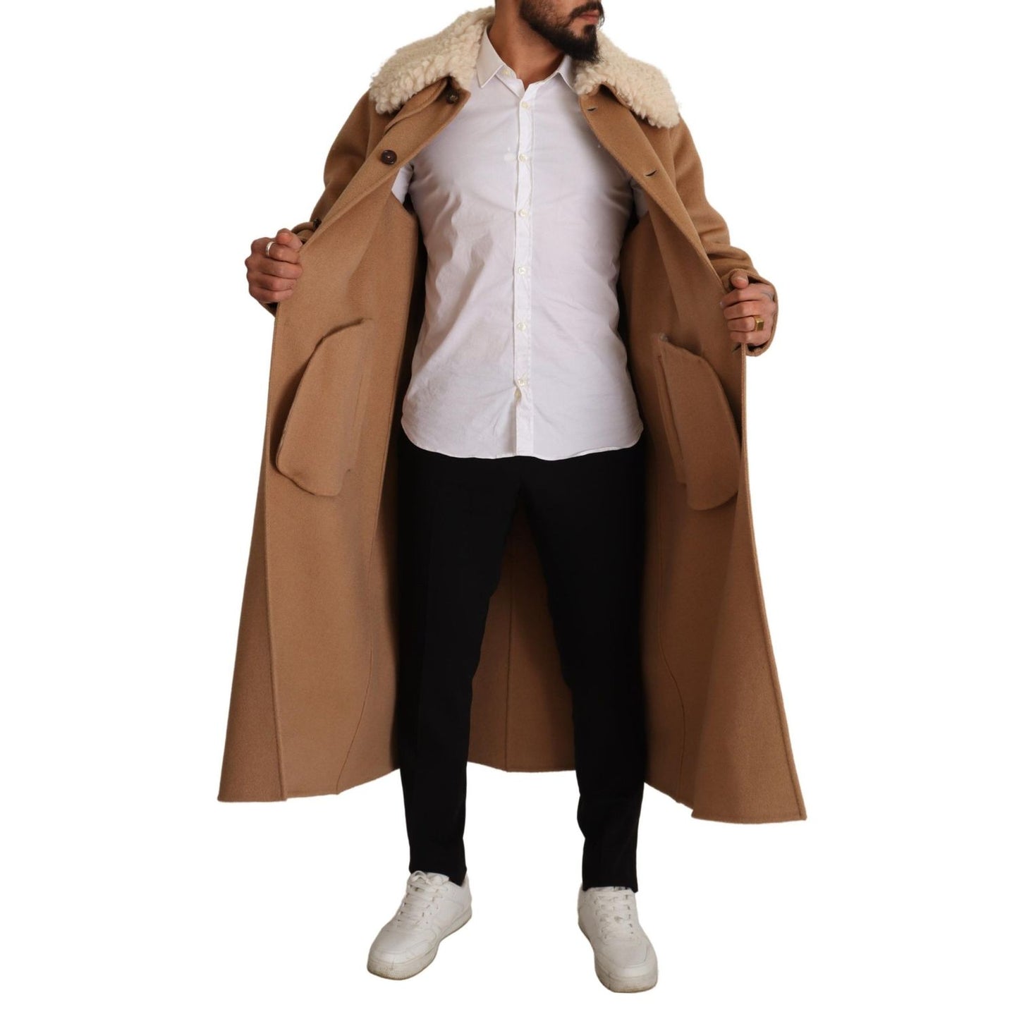 Dolce & Gabbana Beige Camel Skin Cashmere Shearling Overcoat Jacket