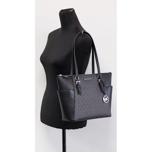 Michael Kors Charlotte Black PVC Leather Large Top Zip Tote Handbag Bag Purse Michael Kors