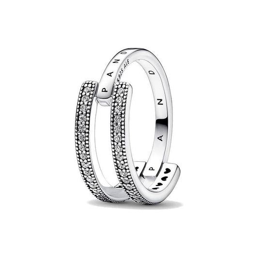 PANDORA JEWELS Mod. SIGNATURE LOGO & PAVE DOUBLE BAND - RING - Size 56 Ring PANDORA