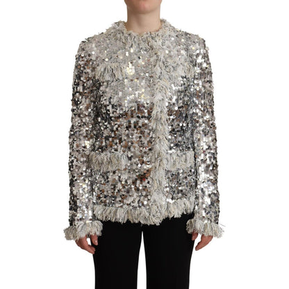 Dolce & Gabbana Silver Sequined Shearling Long Sleeves Jacket