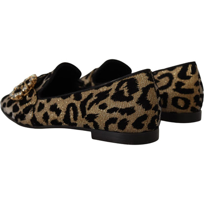 Dolce & Gabbana Gold Leopard Print Crystals Loafers Shoes