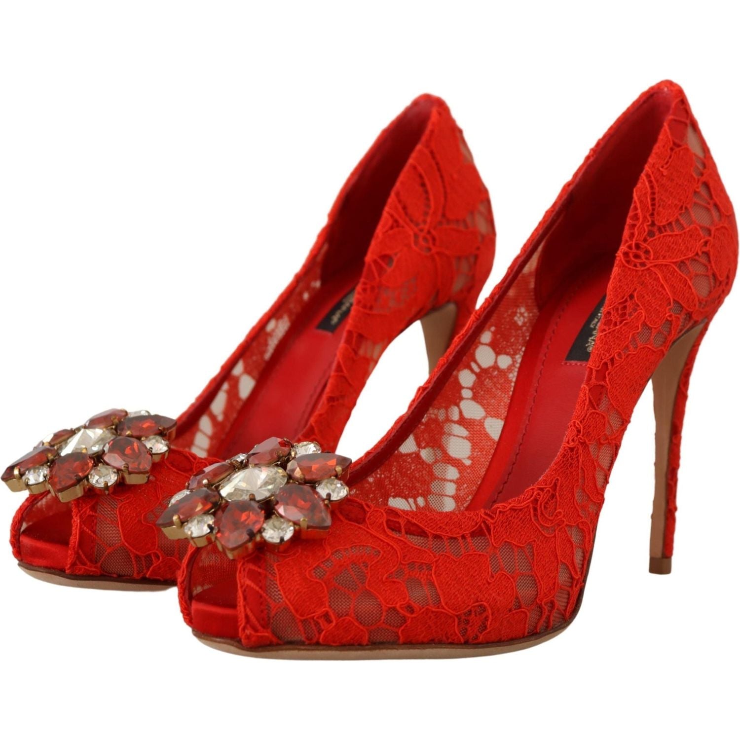 Dolce & Gabbana Red Taormina Lace Crystal Heels Pumps